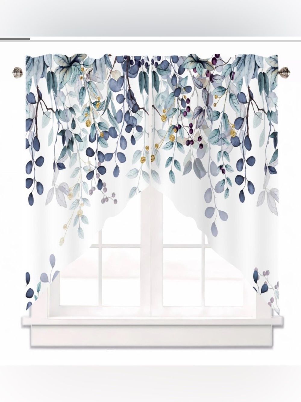 Watercolor Eucalyptus Leaves Swag Valance Window Treatment 28x36” (1-Count) BLUE